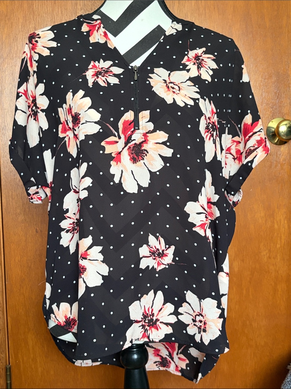 Maurices Black Floral Zip-Front Blouse with Pink & Cream Accents